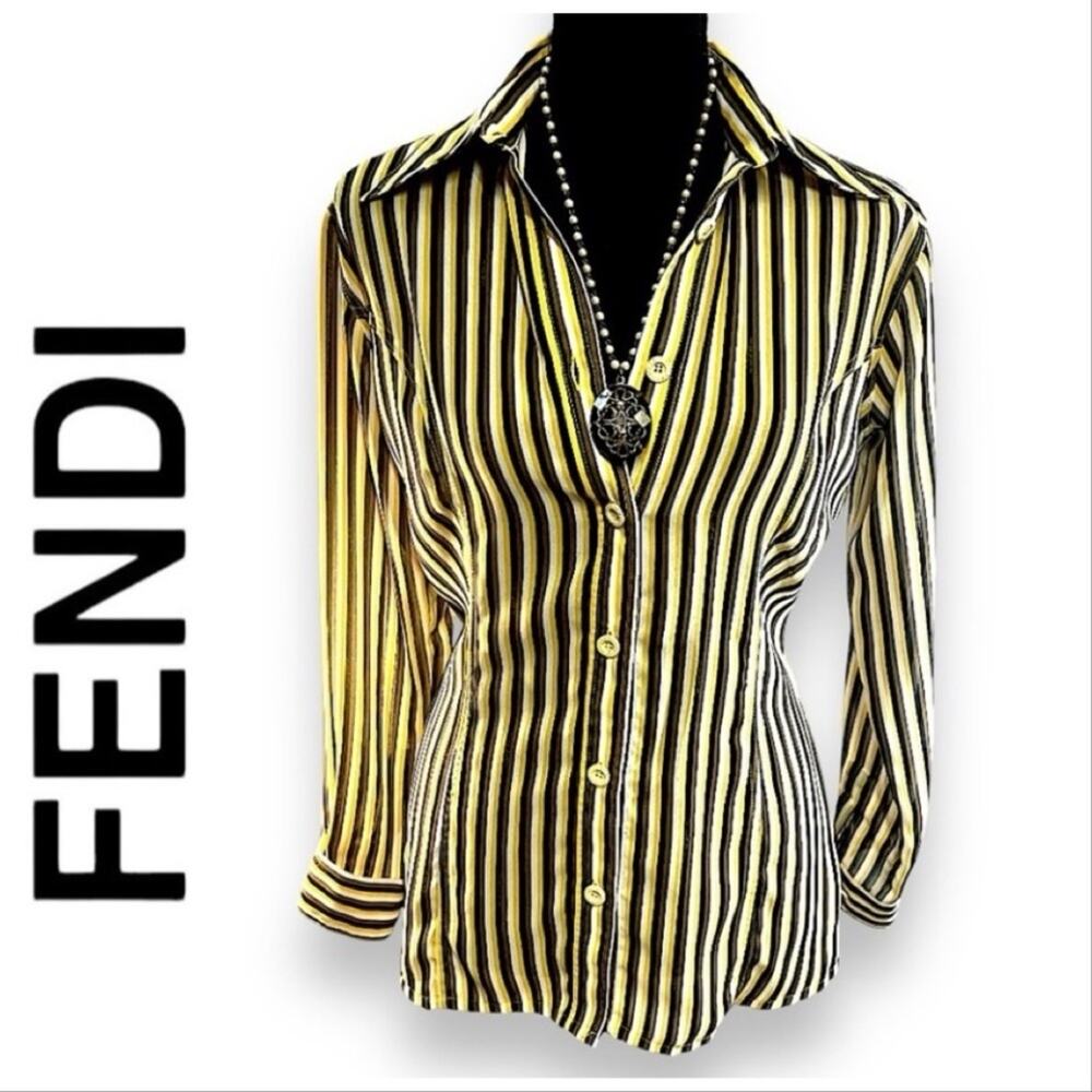 FENDI VTG Yellow Wh Brown Black Stripe  Shirt FENDI LOGO fabric & buttons SZ 6-8